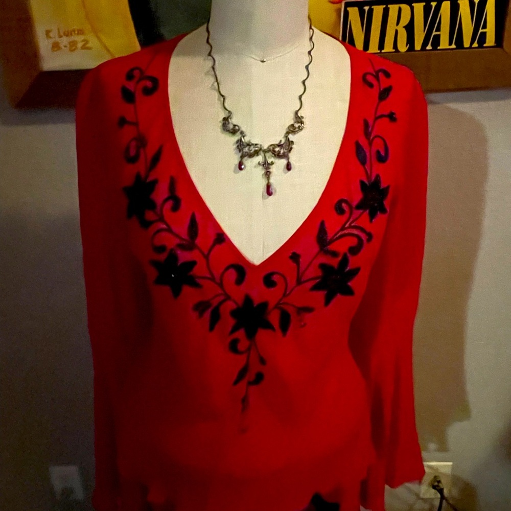 Pretty red festive sheer blouse with black embroidered flowers with black beads.